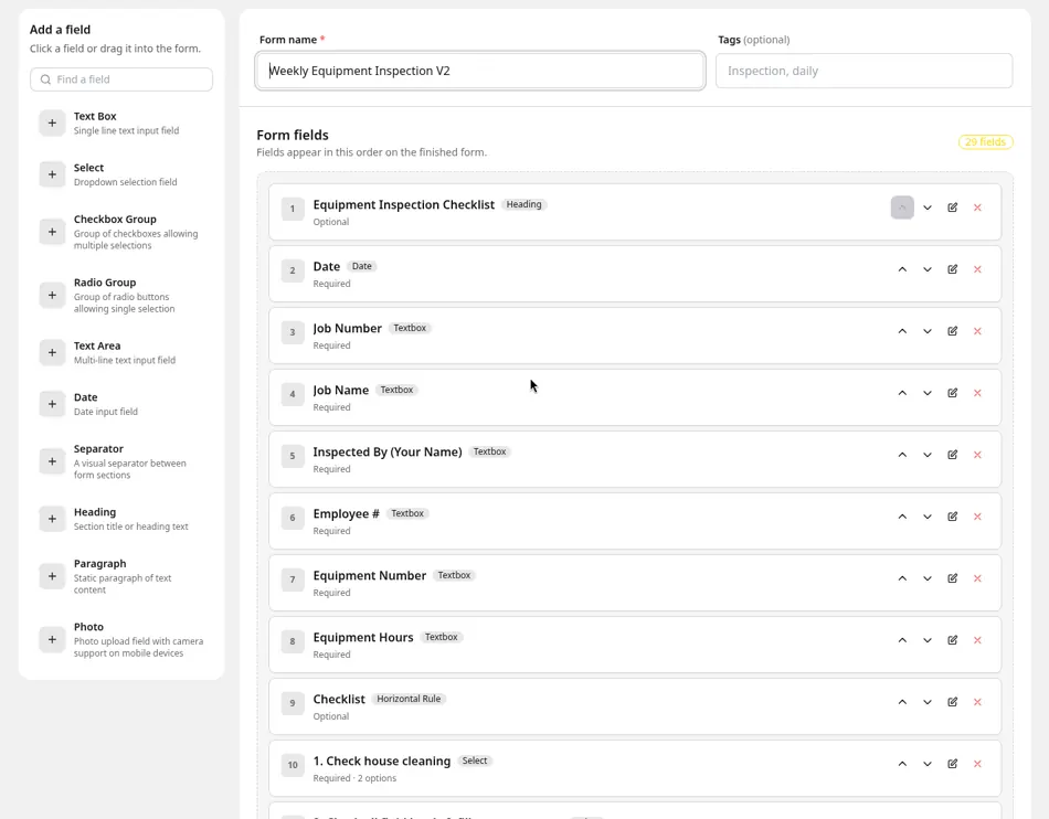 Visual form builder for a Weekly Equipment Inspection, with checklist and photo fields.