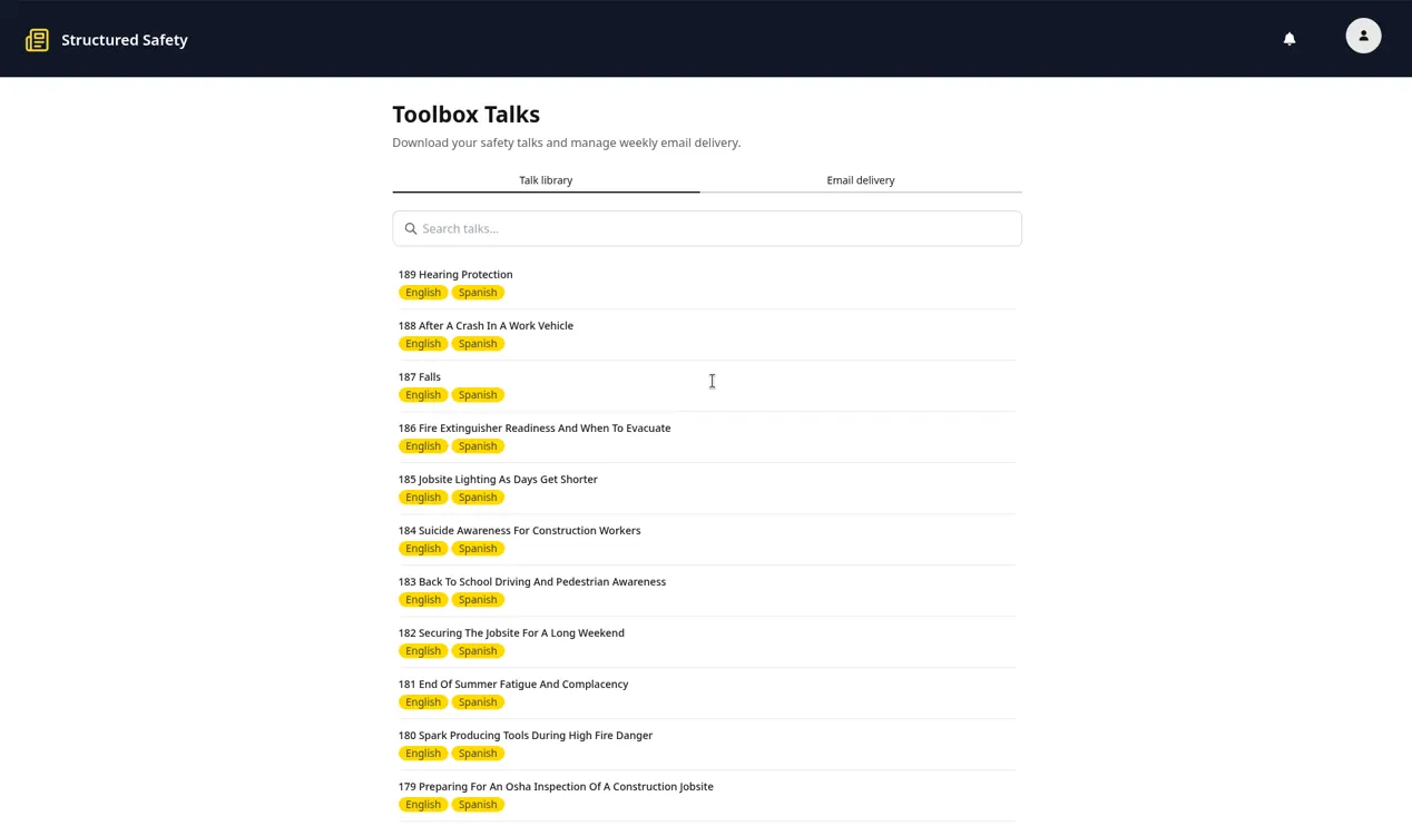 Searchable toolbox talk library with English and Spanish downloads.